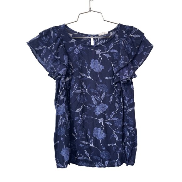 Gap Blouse Size XS Floral Ruffle Short Sleeve Keyhole Back Modal Navy Bohemian - Picture 1 of 6
